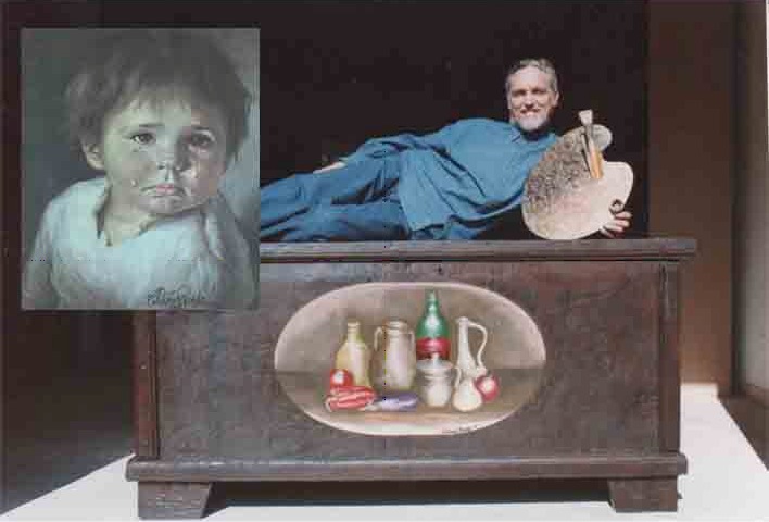 Antonio Raspa e, nel riquadro, un suo dipinto